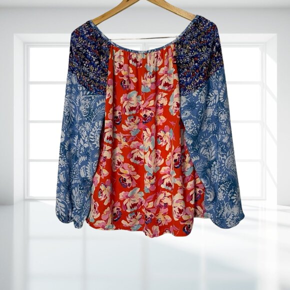 The Pioneer Woman Floral Boho Blouse Top Women's Size Medium M Tie Neck Peasant - Picture 3 of 14